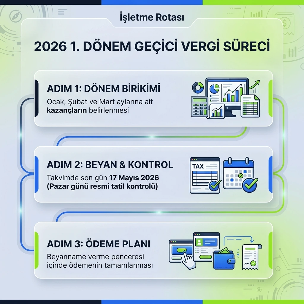 1. dönem geçici vergi için beyan tarihi, hafta sonu kontrolü ve ödeme sırasını gösteren infografik