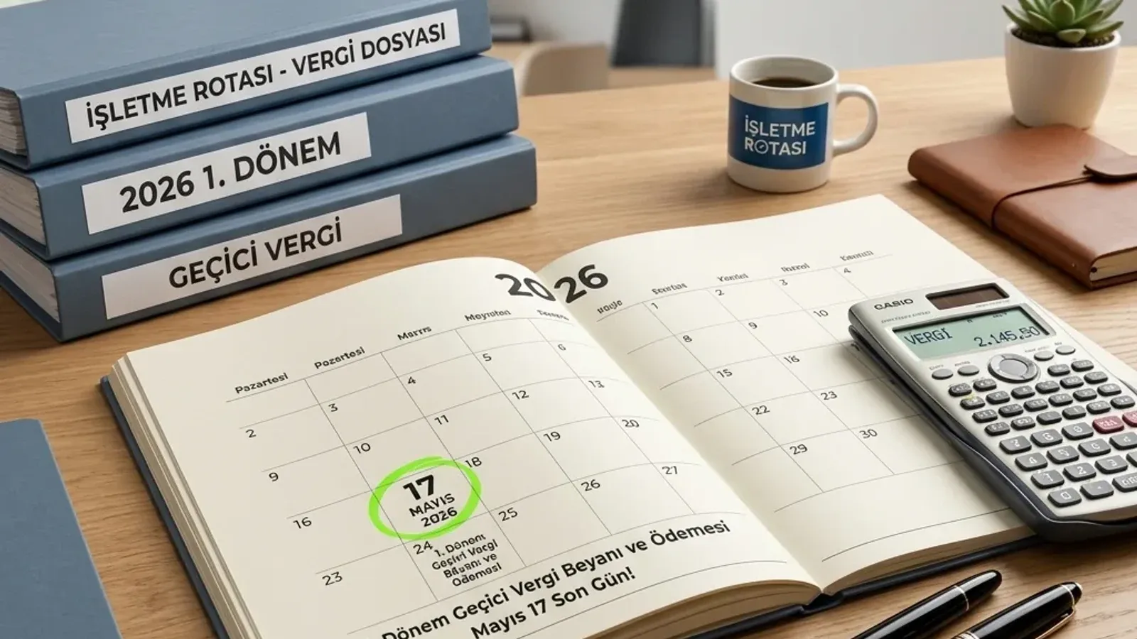 1. dönem geçici vergi için vergi takvimi, defter ve ödeme notlarını gösteren editoryal görsel