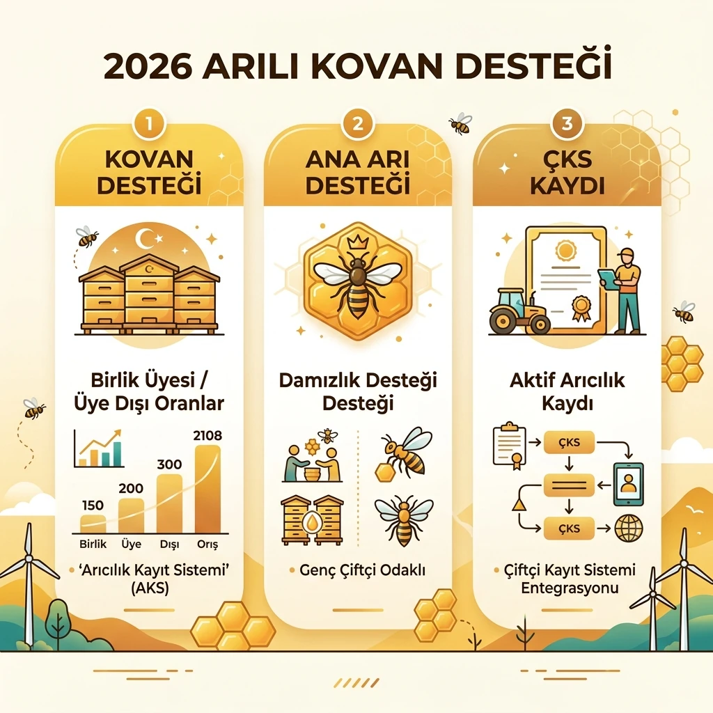 Arıcılıkta kovan desteği, ana arı desteği ve ÇKS kaydı adımlarını gösteren infografik