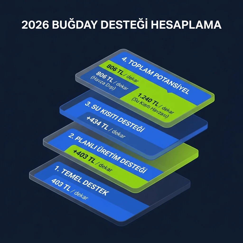 Buğday desteğinde temel destek, planlı üretim desteği ve su kısıtı desteği ayrımını gösteren infografik