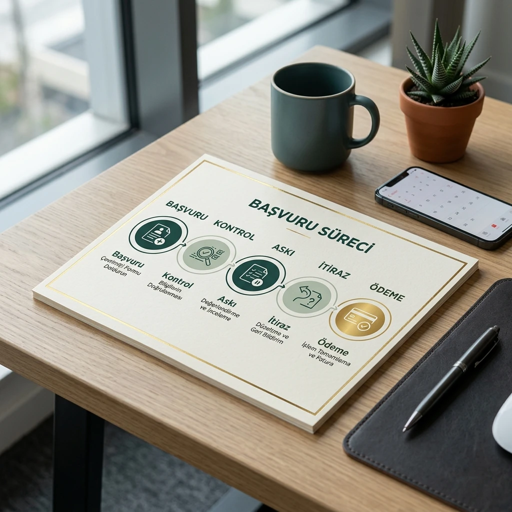 Başvuru, TÜRKVET kaydı, askı icmali, itiraz ve ödeme duyurusu adımlarını gösteren premium infografik