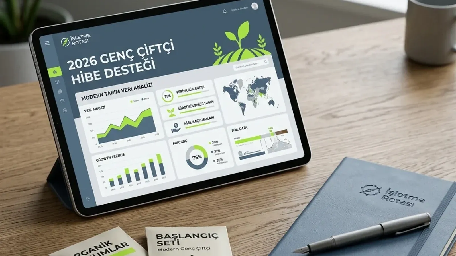 Genç çiftçi hibesi için başvuru dosyaları, kırsal yatırım planı ve eğitim notlarını gösteren editoryal görsel