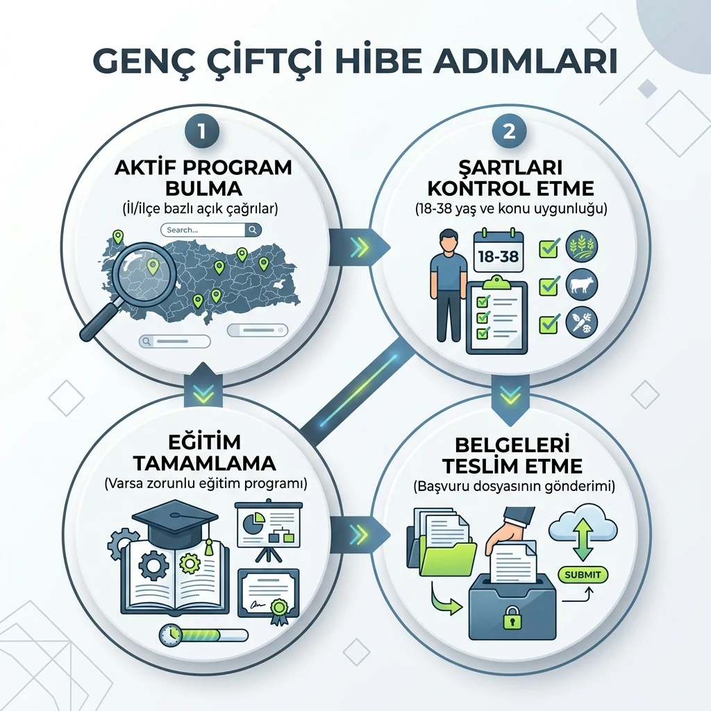 Genç çiftçi hibesi için il bazlı çağrı, eğitim şartı ve başvuru dosyası ilişkisini gösteren infografik