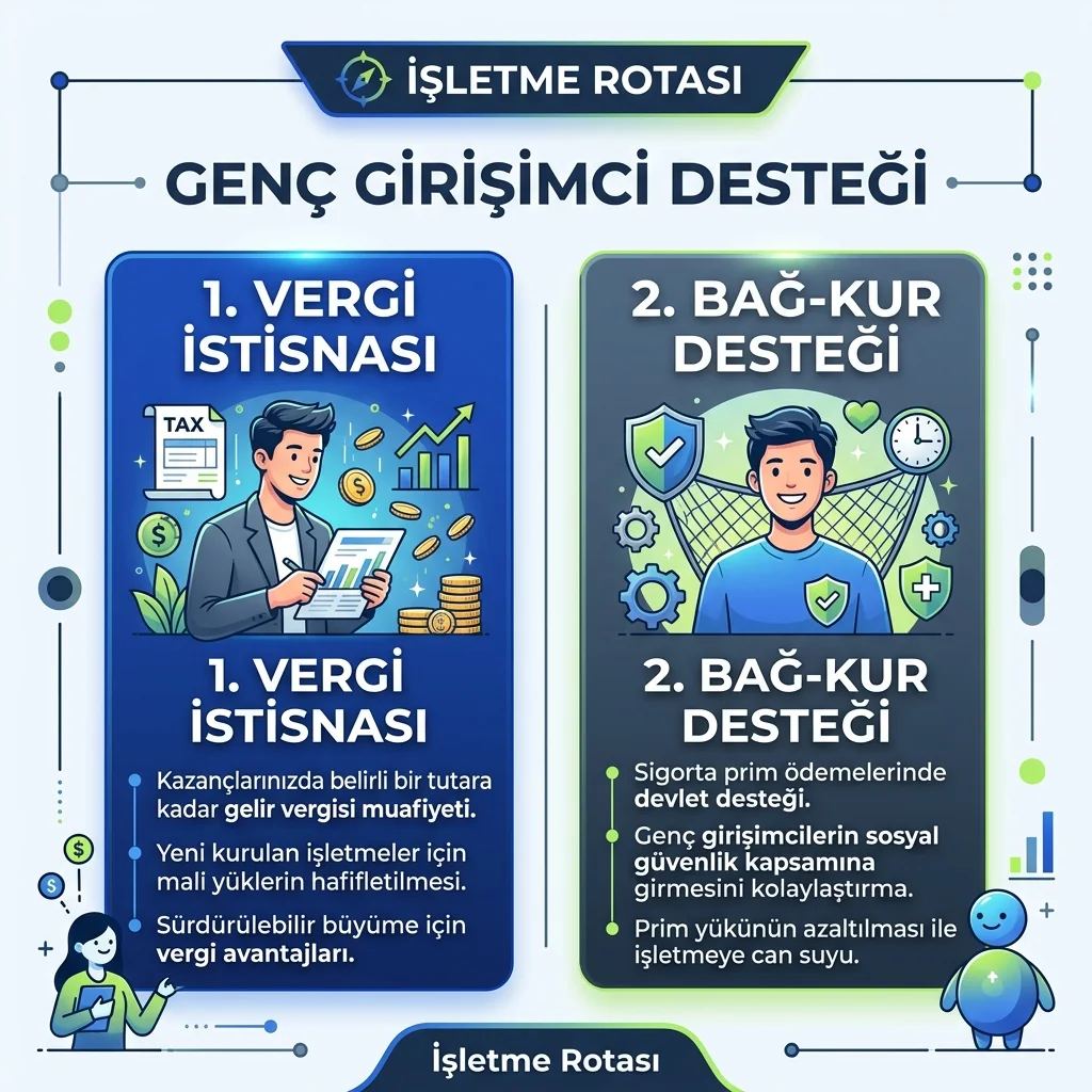Genç girişimci desteği, vergi istisnası ve prim tarafını özetleyen infografik