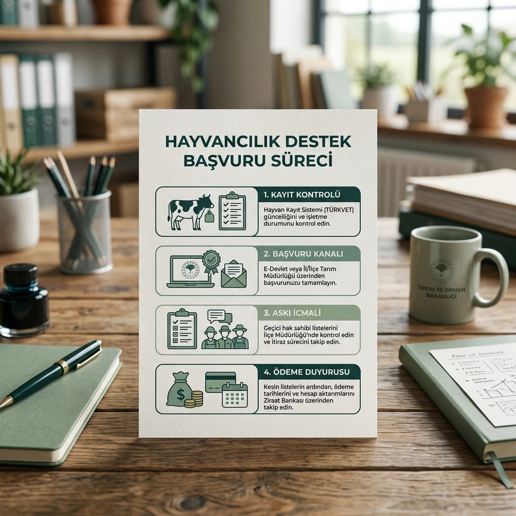 Hayvan desteğinde kayıt kontrolü, başvuru kanalı, askı icmali ve ödeme duyurusu adımlarını gösteren premium infografik