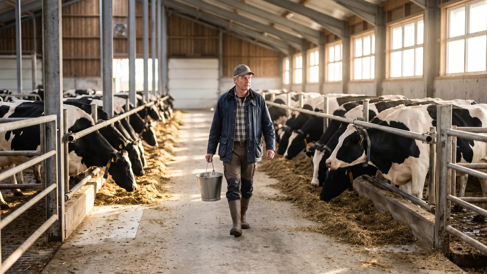 Ahırda sığırların arasında yürüyen çiftçi
