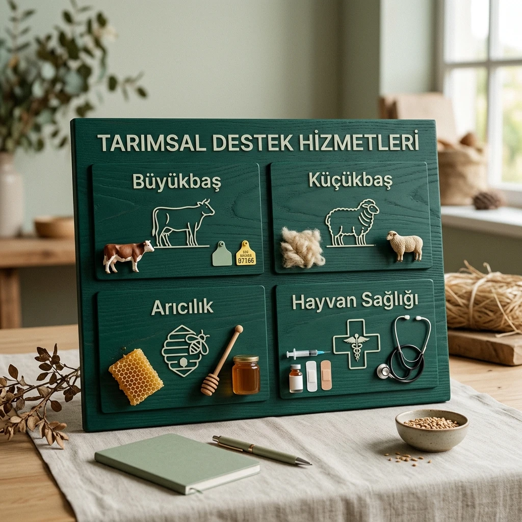 Büyükbaş, küçükbaş, arıcılık ve hayvan sağlığı destek türlerini gösteren premium infografik