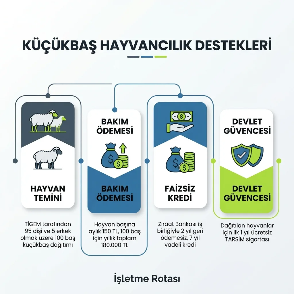 Küçükbaş hayvan desteğinde temel tutar ve ilave kriterleri gösteren infografik