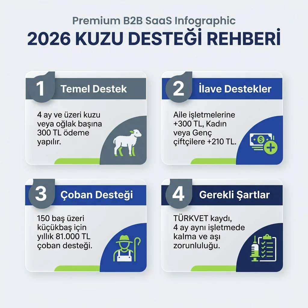 2026 kuzu desteğinde başvuru, HDS, icmal, askı ve ödeme duyurusu sırasını özetleyen görsel