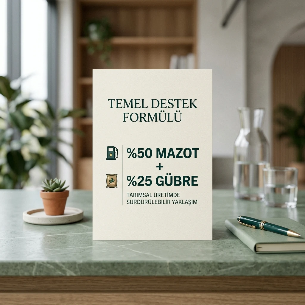 Mazot maliyetinin yüzde 50'si ile gübre maliyetinin yüzde 25'i esas alınarak temel destek mantığını açıklayan premium infografik