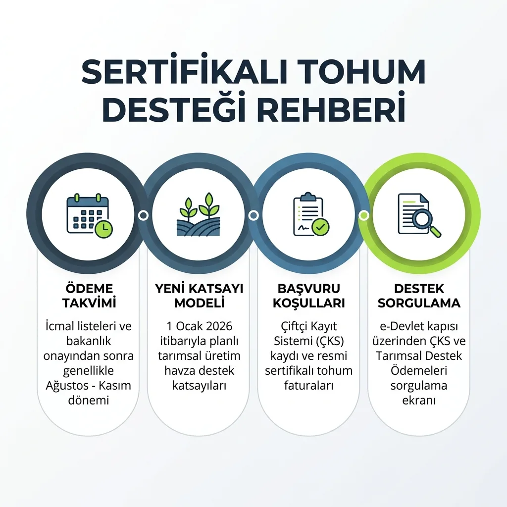 Sertifikalı tohum desteğinde ödeme ve sorgu akışını gösteren infografik