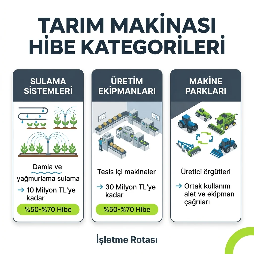 Tarım makinaları için sulama, ekipman ve makine parkı yatırımlarını doğru programa eşleyen infografik