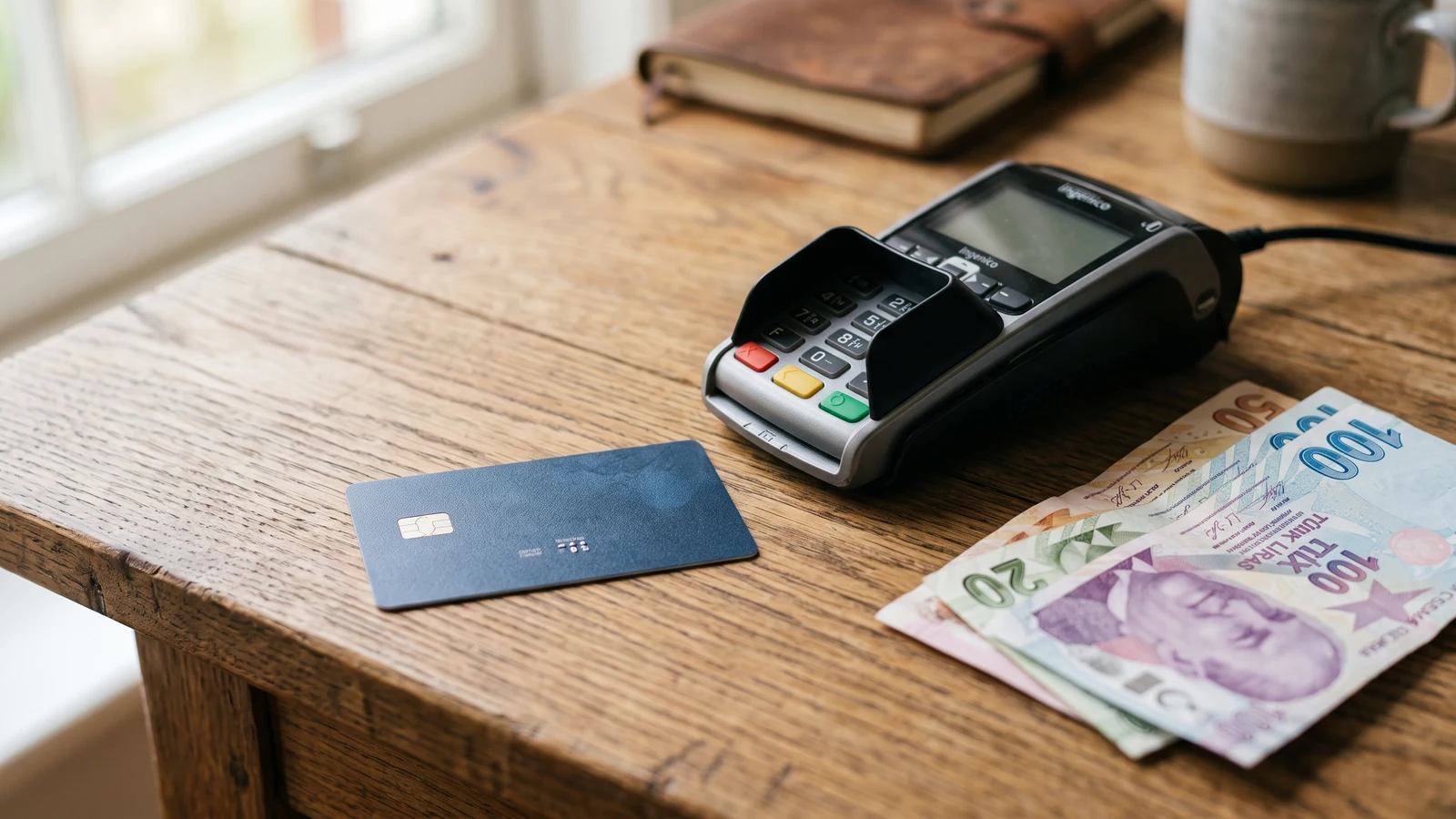 Kredi kartı, POS cihazı ve banknotlar