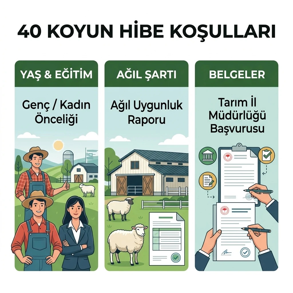 Küçükbaş destek projesinde yaş-eğitim, ağıl şartı ve gerekli belgeleri gösteren infografik