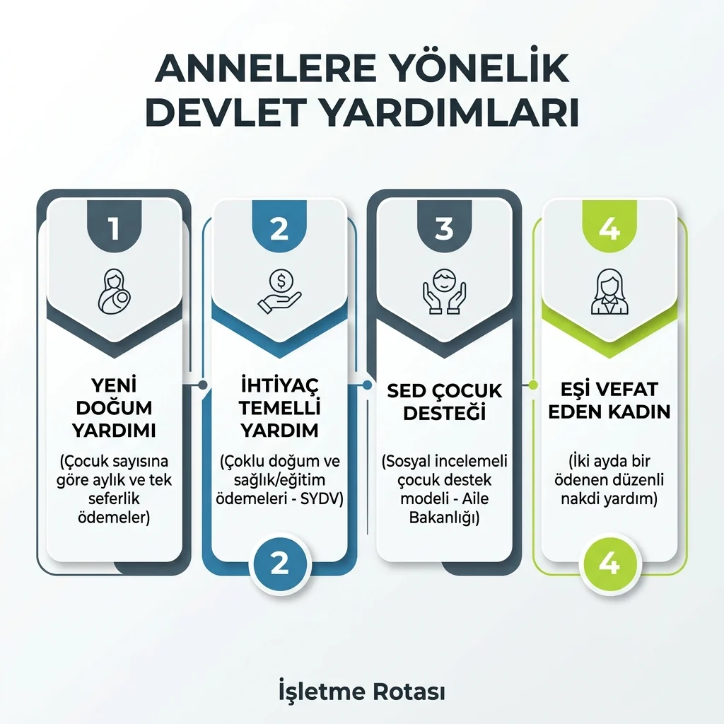 Annelere yönelik doğum yardımı, sosyal yardım ve başvuru kanalı ayrımını gösteren infografik