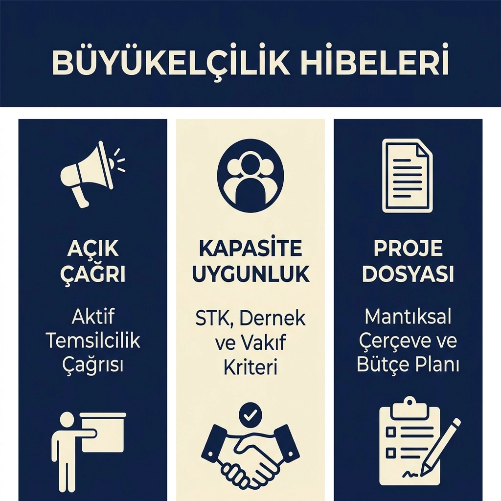 2026 büyükelçilik hibe programlarında resmi çağrı, uygun başvuru sahibi ve proje dosyası adımlarını gösteren infografik