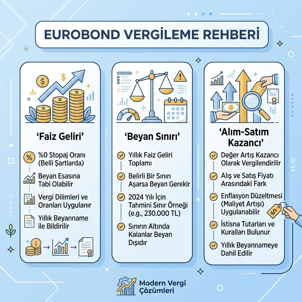 2026 Eurobond Vergi Muafiyeti Var mı? Faiz Geliri ve Beyan Sınırı içeriğini özetleyen infografik