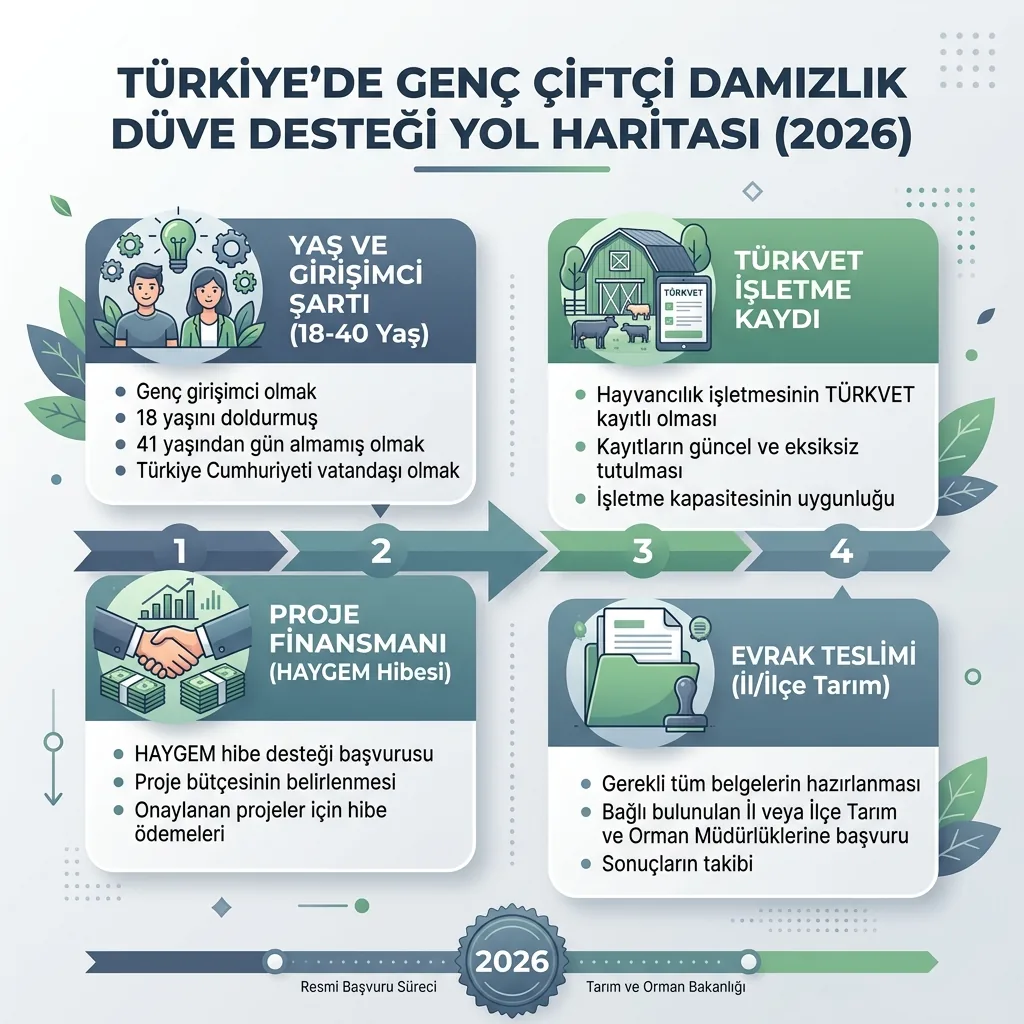 2026 Genç Çiftçilere Damızlık Düve Desteği Başvurusu ve Şartları içeriğini özetleyen infografik