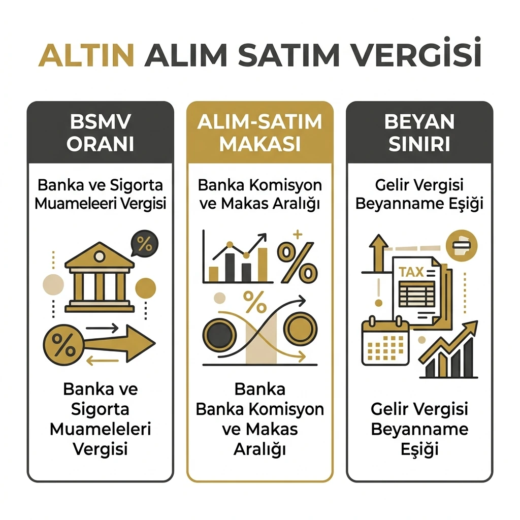 Altın alım satımında BSMV oranı, alım-satım makası ve beyan sınırını gösteren infografik