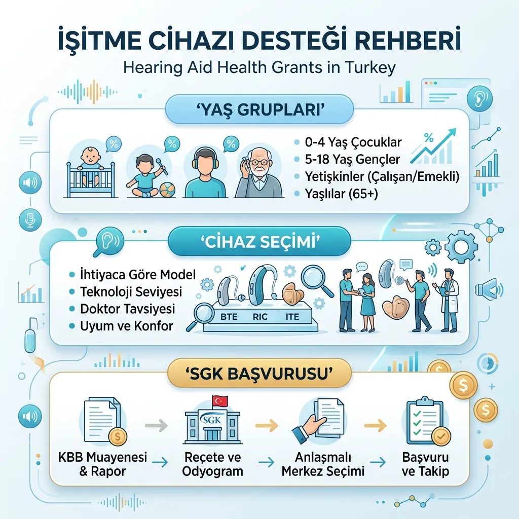 2026 İşitme Cihazı Devlet Desteği Nasıl Alınır? SGK Şartları ve Güncel Süreç içeriğini özetleyen infografik