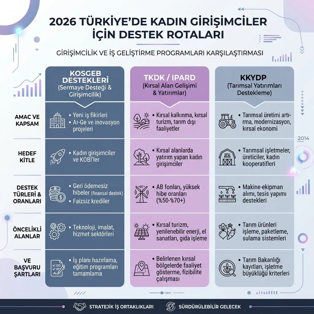 2026 Kadın Girişimci Hibe Destekleri: KOSGEB, TKDK ve KKYDP içeriğini özetleyen infografik