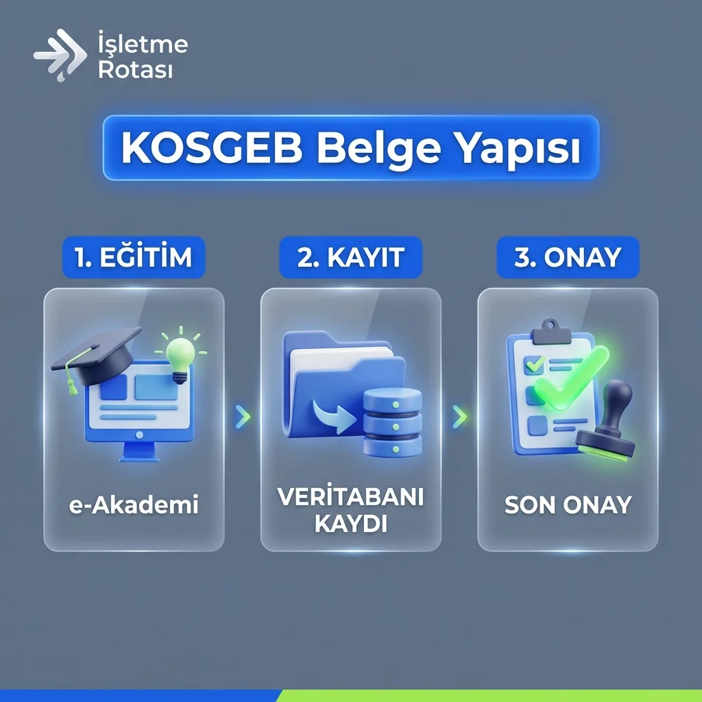 KOSGEB belgesi aramasında eğitim, kayıt ve destek başvurusu onayı ayrımını gösteren infografik