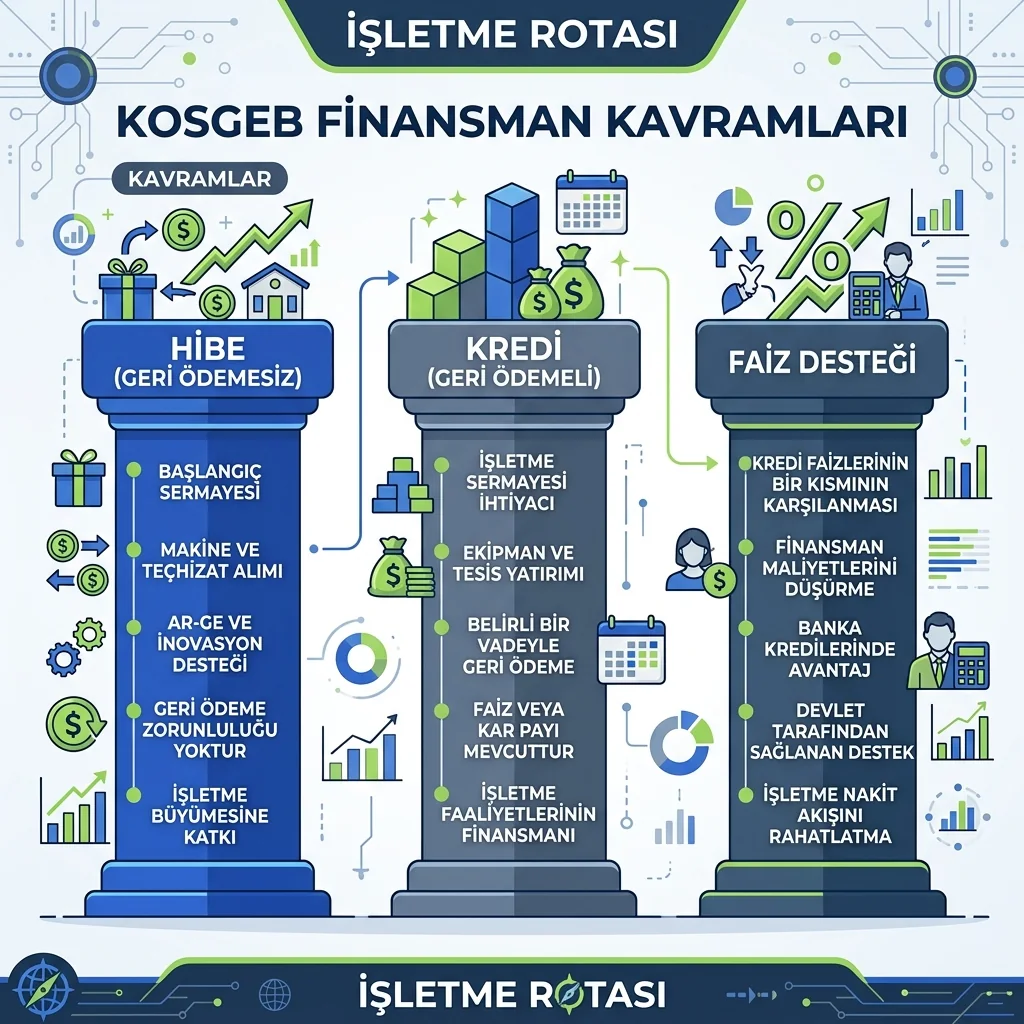 KOSGEB faizsiz kredi aramasında hibe, kredi ve faiz desteği ayrımını gösteren infografik