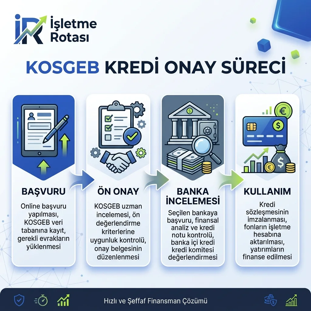 Program uygunluğu, KOSGEB onayı ve banka kredisi arasındaki ilişkiyi gösteren infografik
