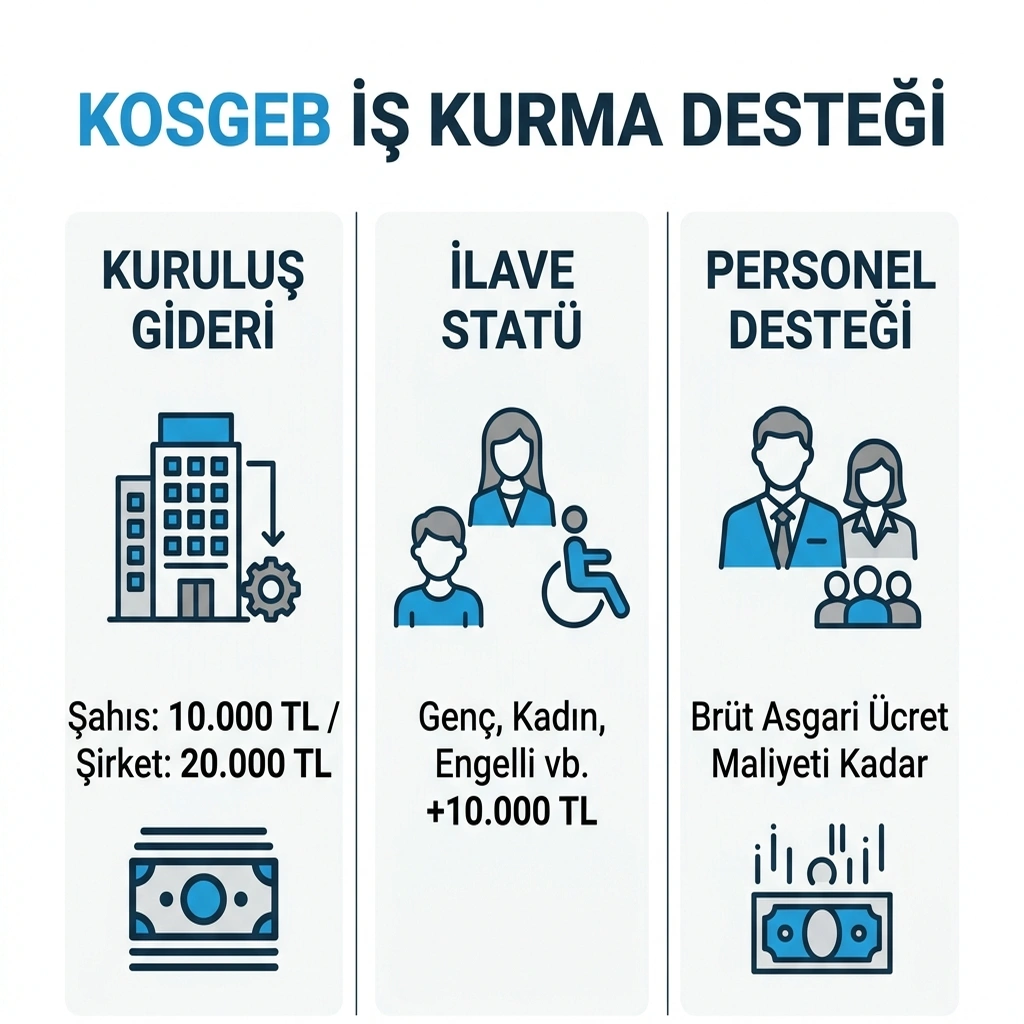 2026 KOSGEB iş kurma desteği tutarları ve başvuru şartlarını özetleyen infografik
