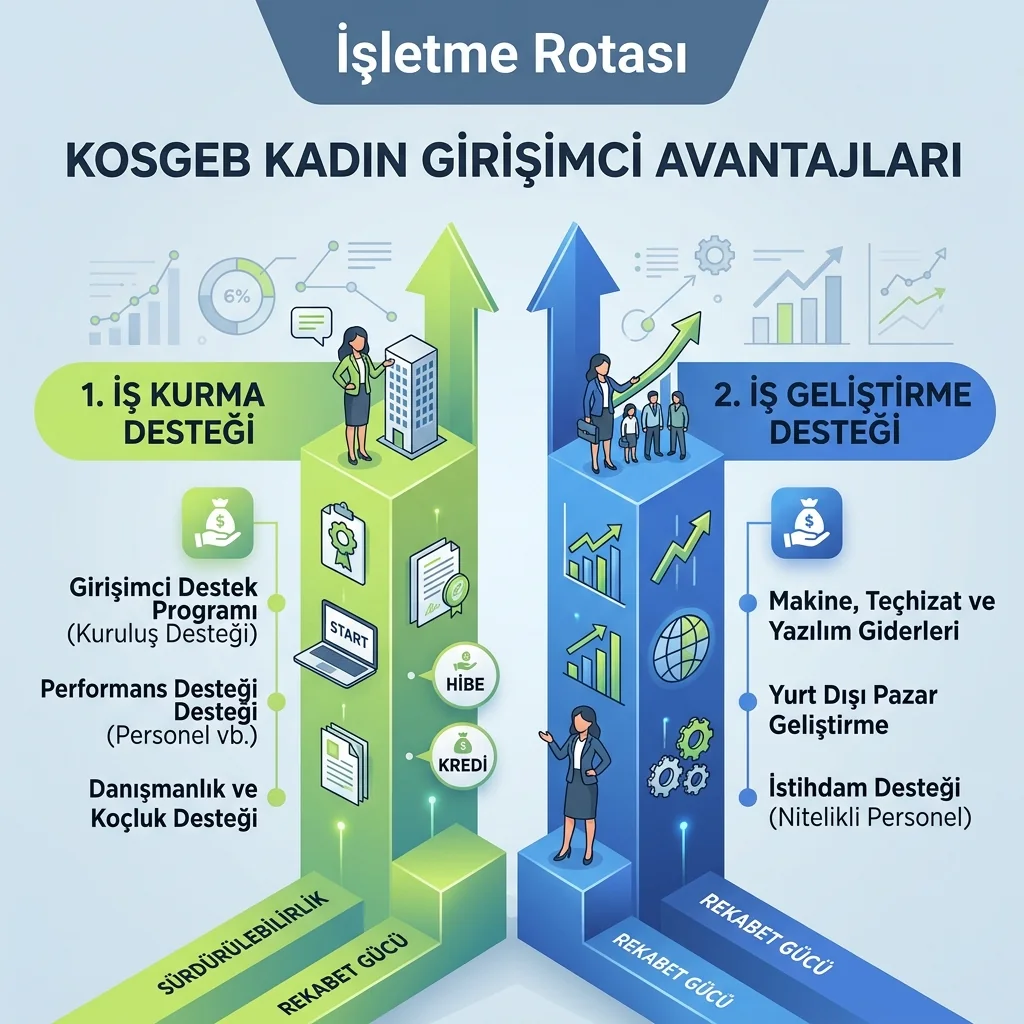 KOSGEB kadın girişimci desteğinin iş kurma ve geliştirme avantajlarını gösteren infografik