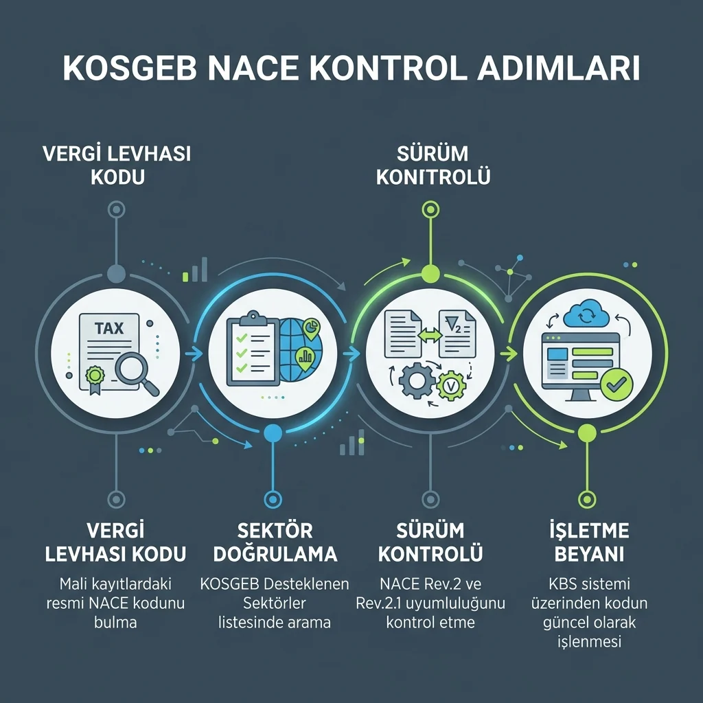 KOSGEB NACE kodu, desteklenen sektörler ve program uygunluğu arasındaki ilişkiyi gösteren infografik