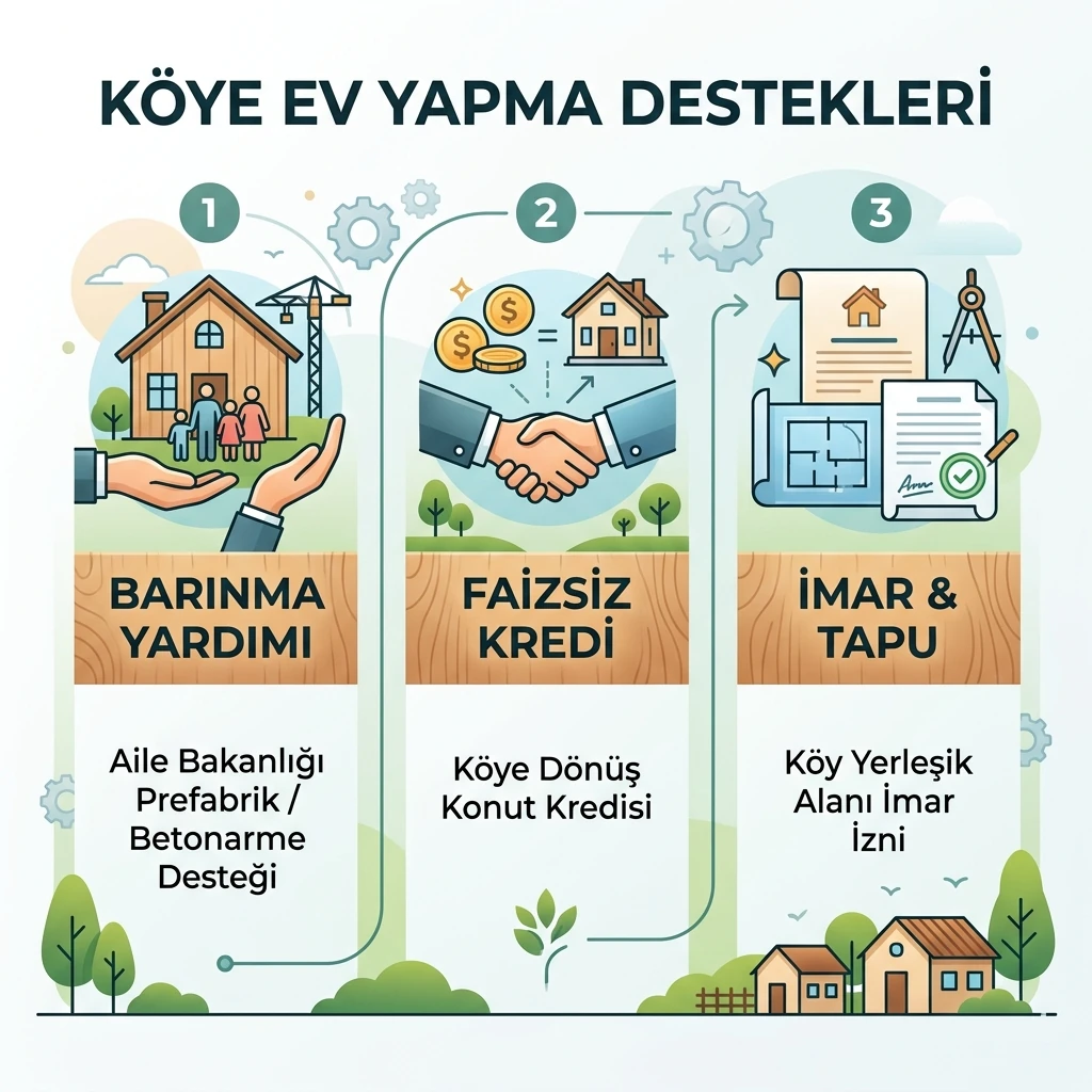 Köye ev yapımında barınma yardımı, konut kredisi ve imar-tapu adımlarını gösteren infografik
