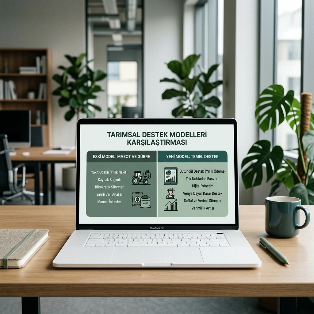 Eski mazot gübre desteği ifadesi ile yeni temel destek, planlı üretim desteği ve üretimi geliştirme desteği yapısını karşılaştıran premium infografik