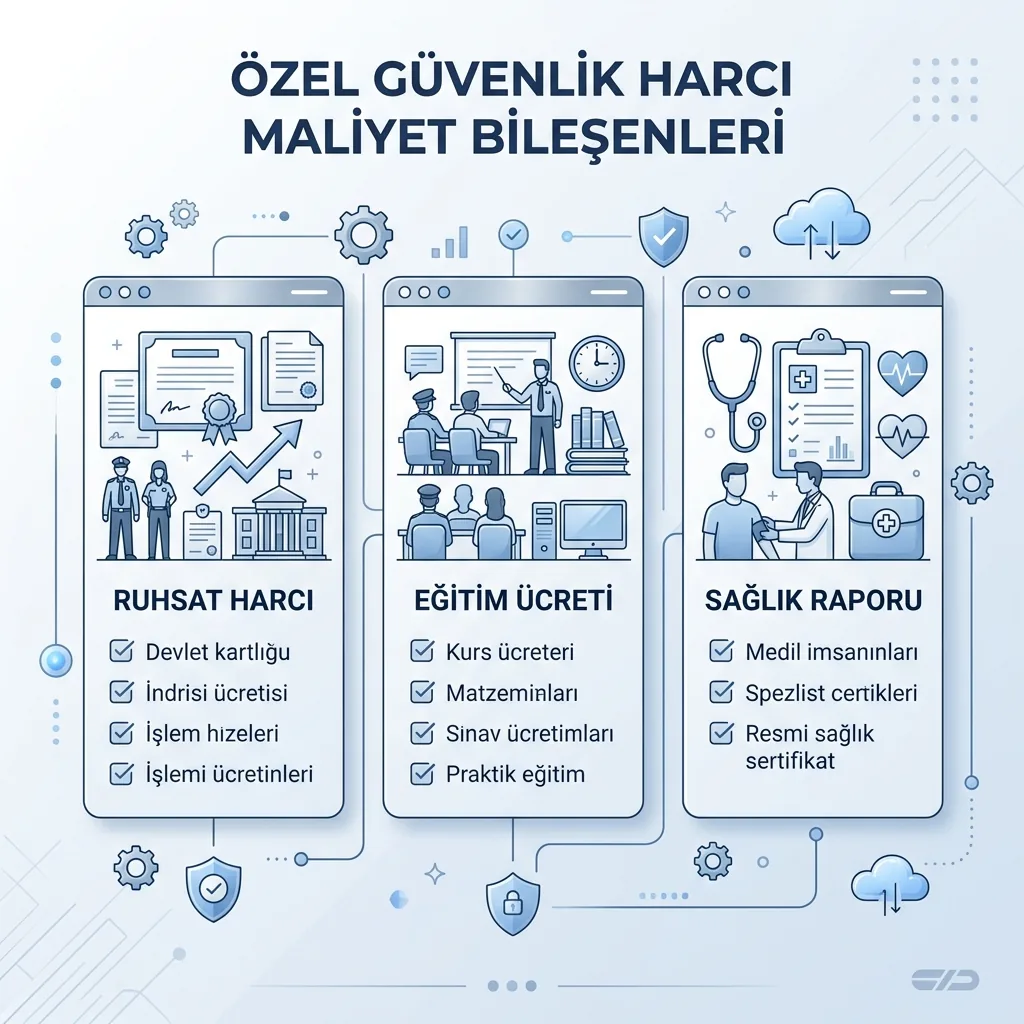 2026 Özel Güvenlik Vergi Harcı Ne Kadar? Ruhsat Harcı ve Kimlik Kartı Ücreti Rehberi içeriğini özetleyen infografik