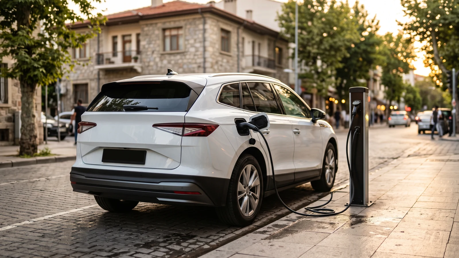 Şarj istasyonundaki elektrikli SUV