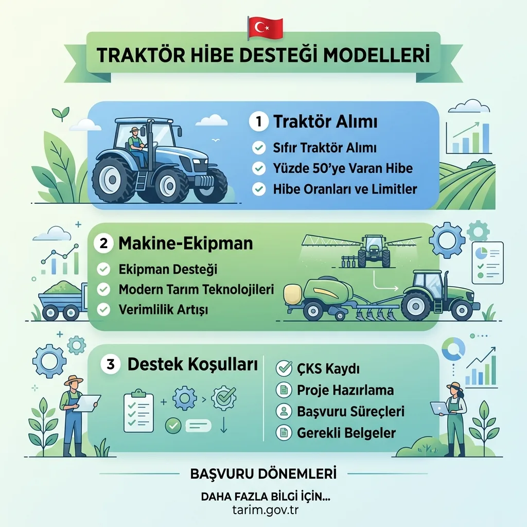 2026 Traktör Hibe Desteği Başvurusu Nasıl Yapılır? Güncel Şartlar içeriğini özetleyen infografik