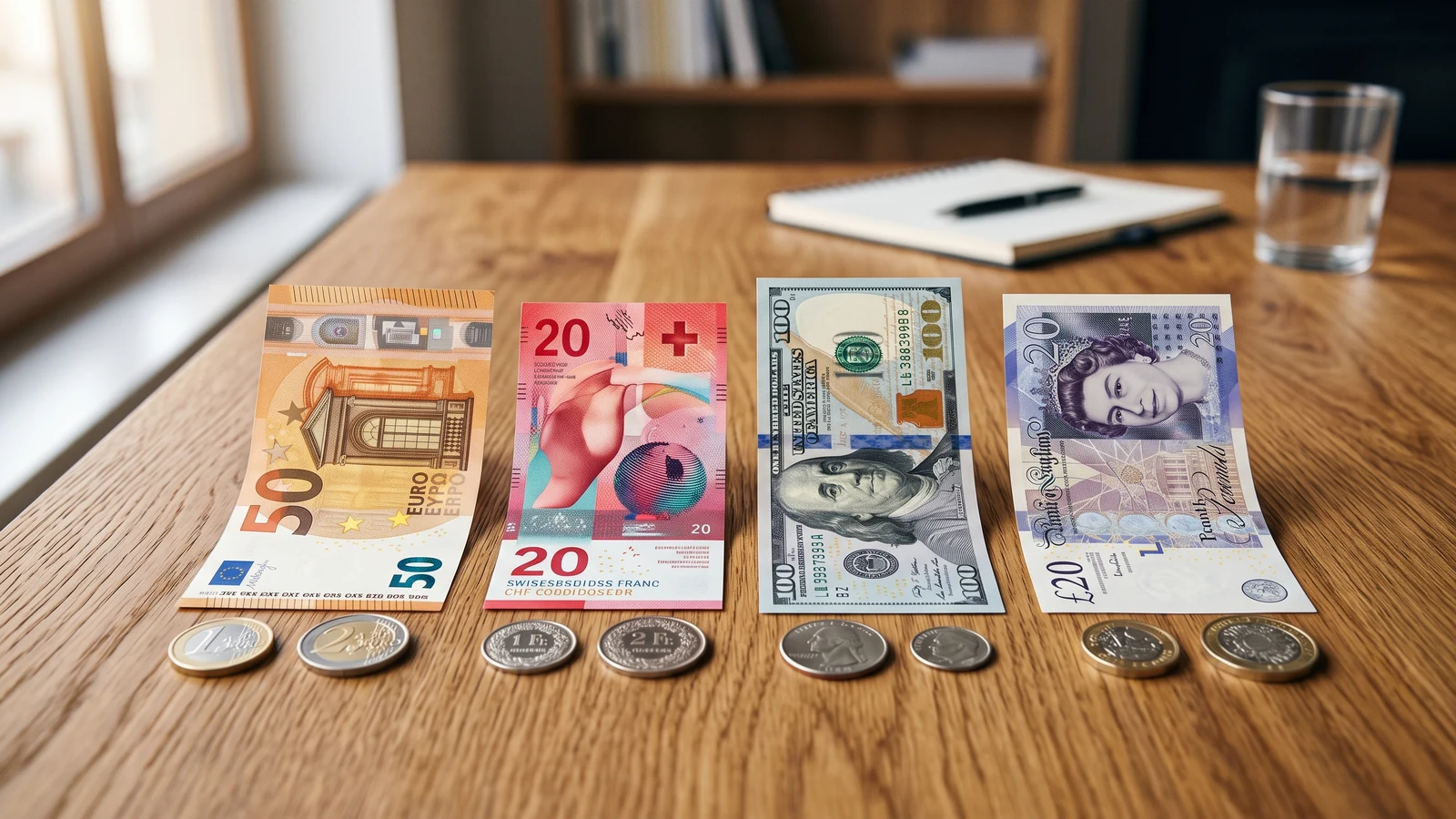 Dört ülkenin banknot ve bozuk paralarının yan yana durduğu kart görseli