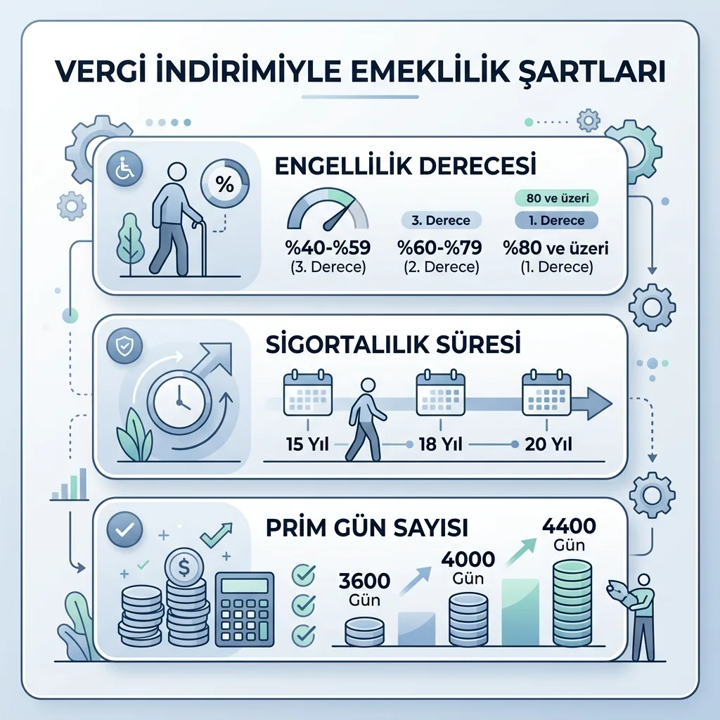 2026 Vergi İndirimiyle Emeklilik Şartları Neler? Engelli Erken Emeklilik Rehberi içeriğini özetleyen infografik