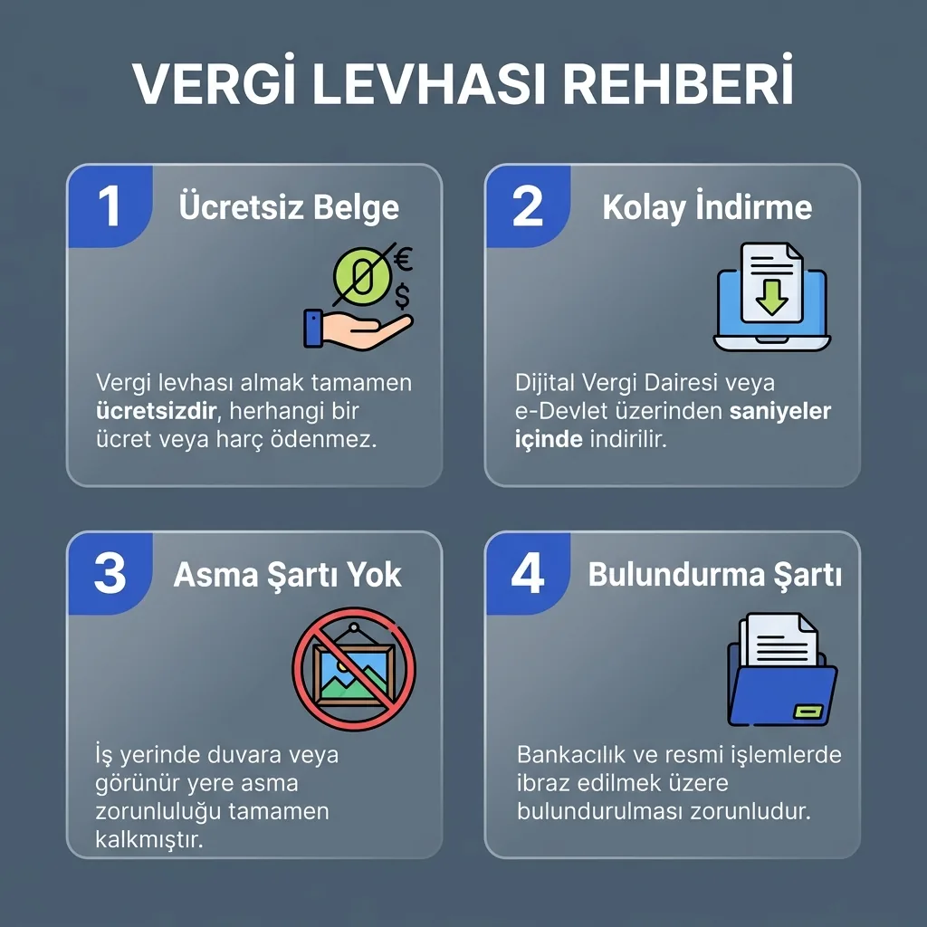 Vergi levhası ücreti 2026 rehberinde Dijital Vergi Dairesi, süre ve bulundurma zorunluluğunu gösteren infografik