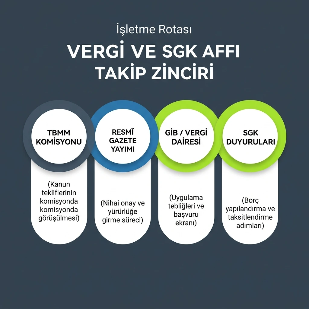 Vergi ve SGK affında TBMM, Resmî Gazete, GİB ve SGK duyurularının hangi sırayla takip edilmesi gerektiğini gösteren infografik