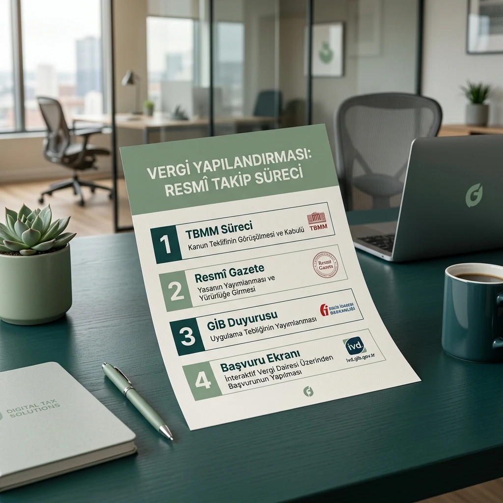 Vergi yapılandırması için Resmî Gazete, GİB ve dijital başvuru sırasını gösteren infografik
