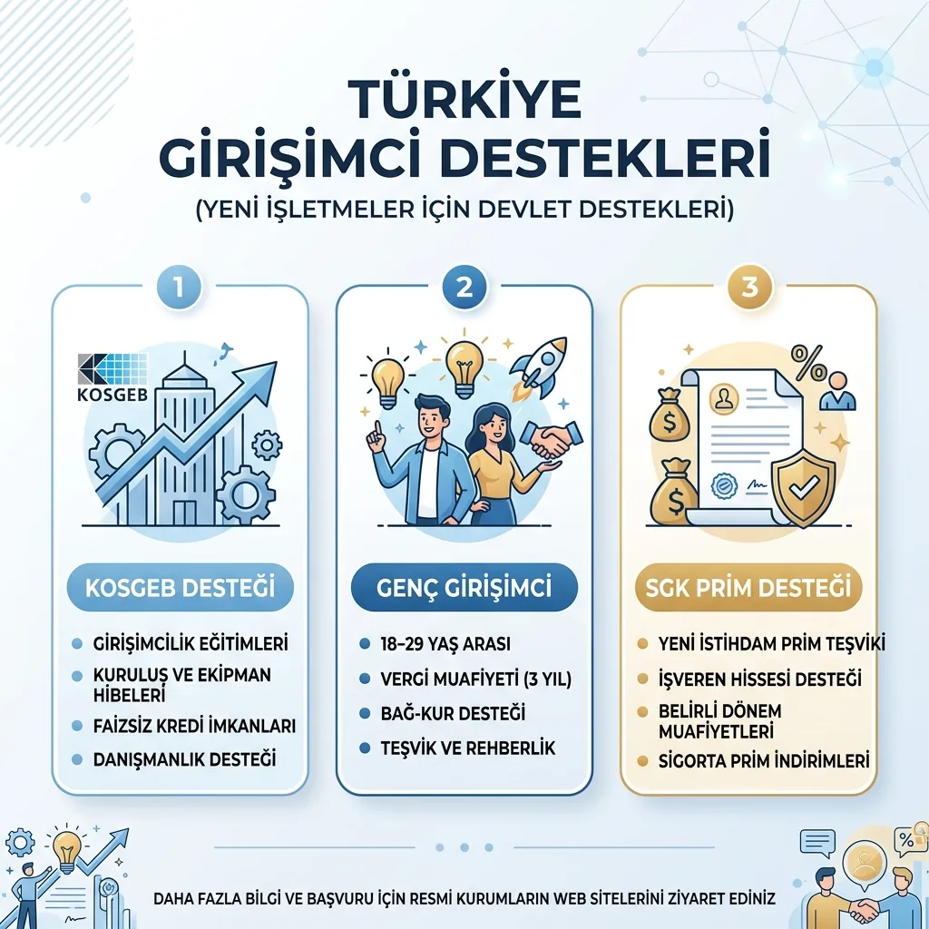 2026 Yeni İş Kuranlara Devlet Desteği: KOSGEB, Vergi İstisnası ve Başvuru Rotaları içeriğini özetleyen infografik