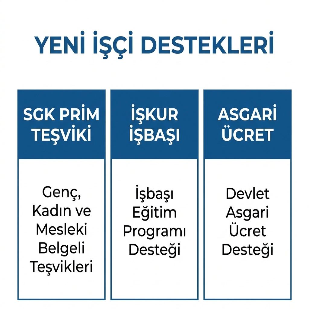 2026 yeni işçi alımında SGK prim teşviki, İŞKUR desteği ve işveren kontrol adımlarını gösteren infografik